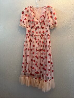 Retro Stage Pink Strawberry Print Midi Dress NWT